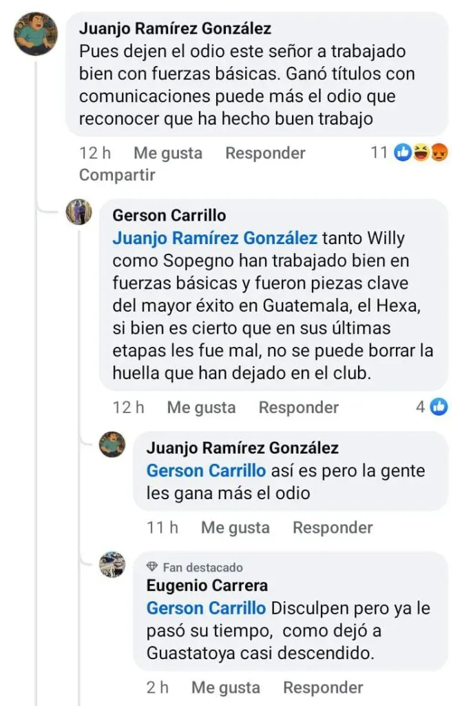 Otros aficionados de Comunicaciones respaldaron la llegada de Sopegno a las fuerzas básicas. (Foto: captura de Facebook)