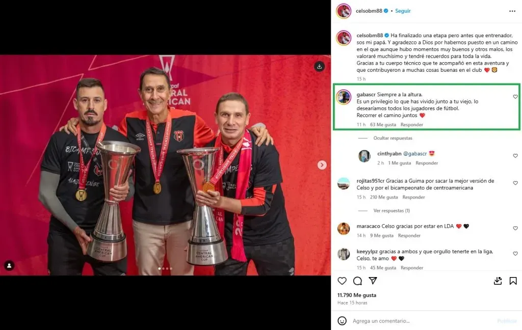 El comentario de Pablo Gabas al posteo de Celso Borges. (Instagram)