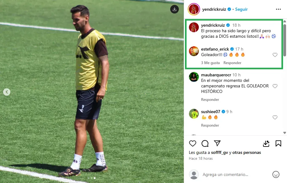 La publicación de Yendrick Ruiz a la que reaccionó el Cubo Torres. (Instagram)
