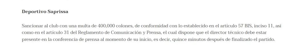 El informe del Tribunal Disciplinario no perdonó a Saprissa (Fedefútbol).