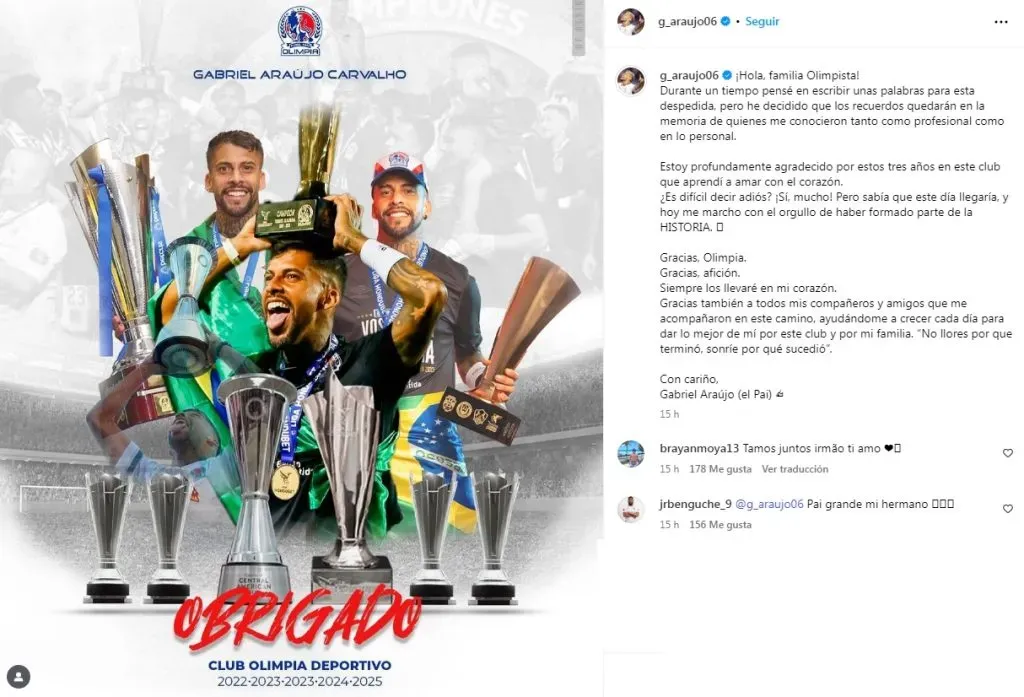 Este fue el mensaje que dejó Gabriel Araújo en su despedida de Olimpia.