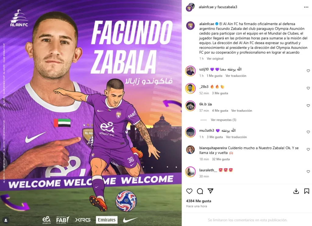 El Al-Ain confirmó el fichaje temporario de Facundo Zabala. (Instagram)