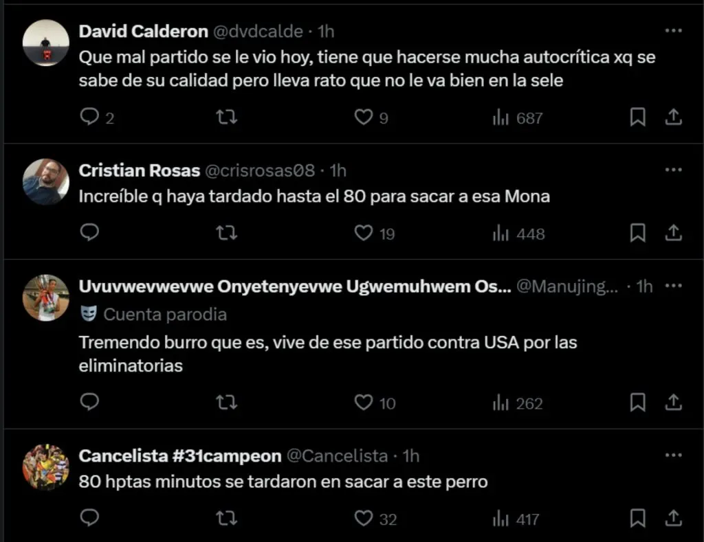 Algunos comentarios sobre el partido de Brandon Aguilera. (Foto: captura de X)