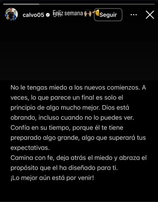 Mensaje de Francisco Calvo en su cuenta oficial de IG