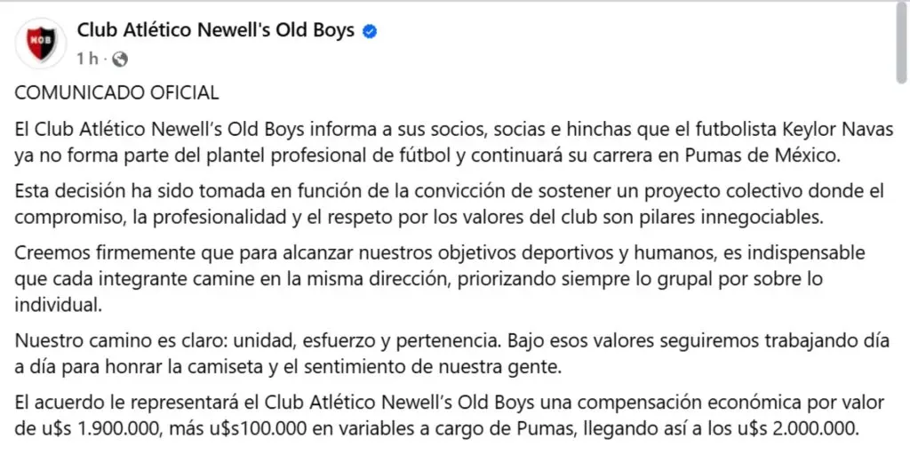 Así anunció Newell’s la salida de Keylor Navas.