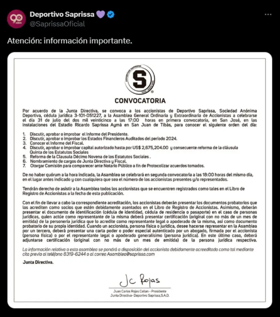 El comunicado que emitió Saprissa.