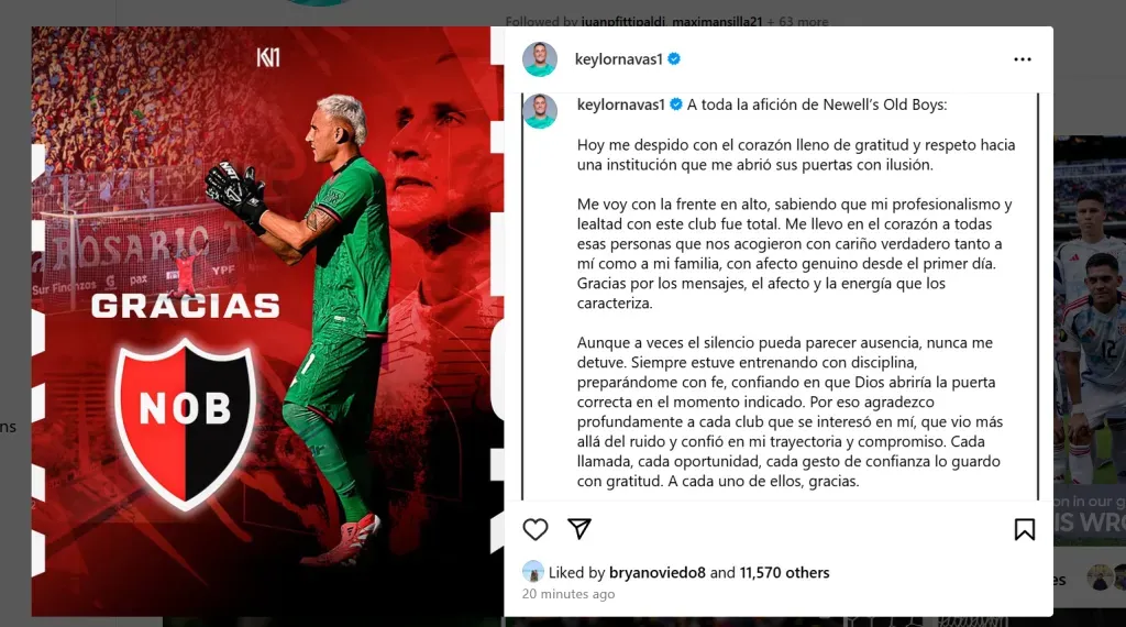 Keylor Navas rompió el silencio en sus redes sociales (Instagram).