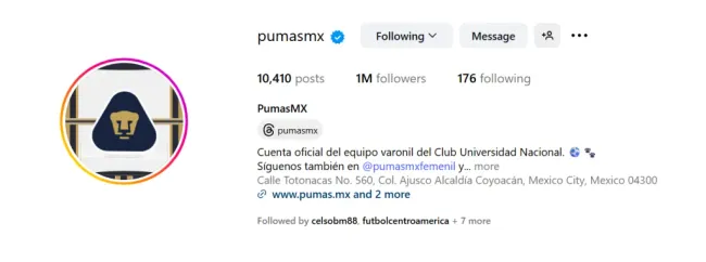 Pumas llegó al millón de seguidores en Instagram.
