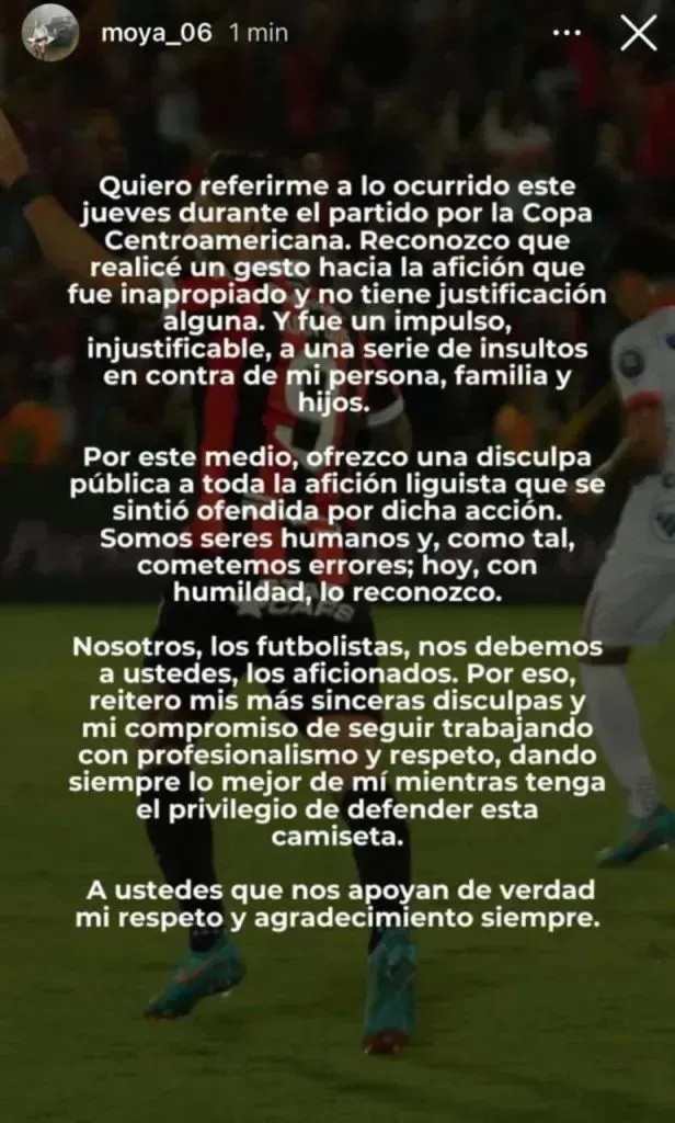 El mensaje de Jonathan Moya en sus redes sociales.