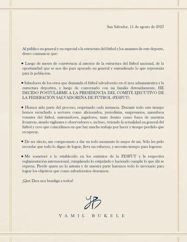El comunicado completo de Yamil Bukele. (Foto: X)