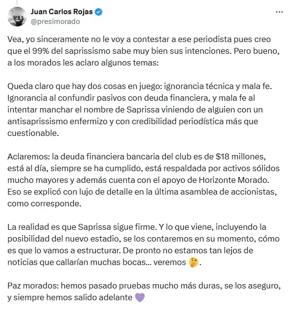 Mensaje de Juan Carlos Rojas, presidente del Deportivo Saprissa