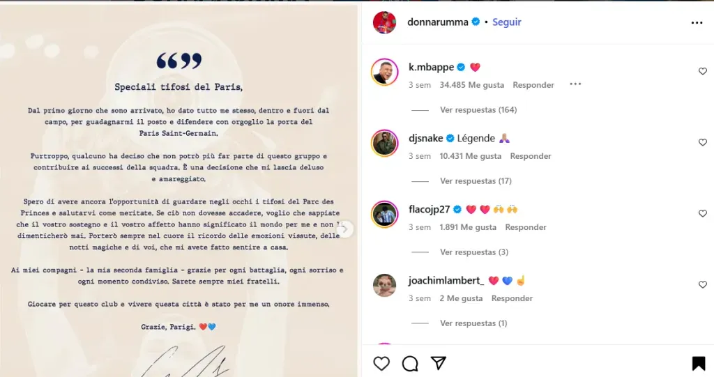 El mensaje de Mbappé al posteo de Donnarumma.