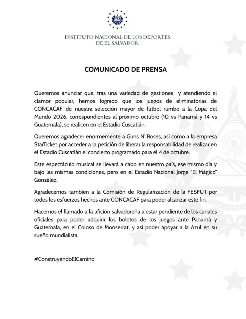 Comunicado oficial del Instituto Nacional de los Deportes de El Salvador sobre el Estadio Cuscatlán.