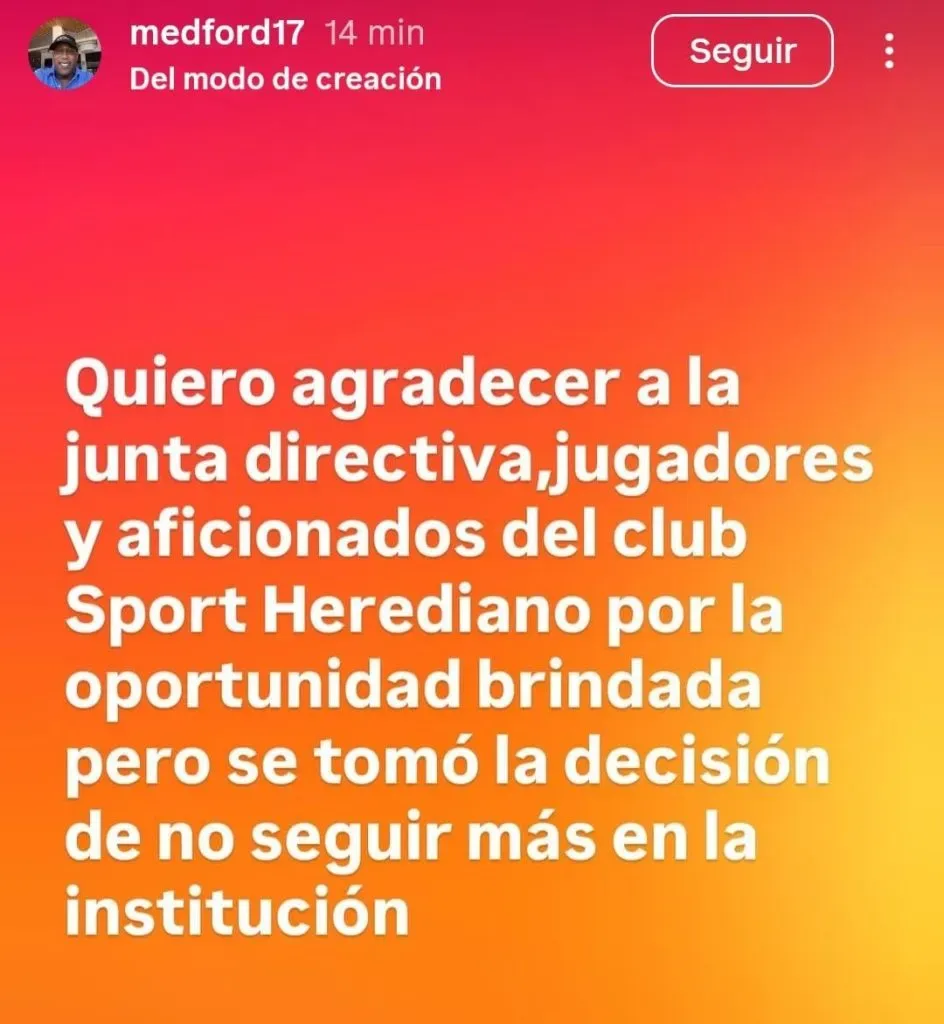 Hernán Medford en su cuenta oficial de IG