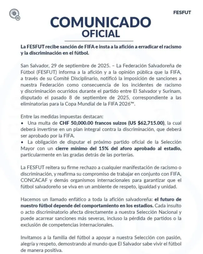 El comunicado oficial de la FESFUT tras la sanción.