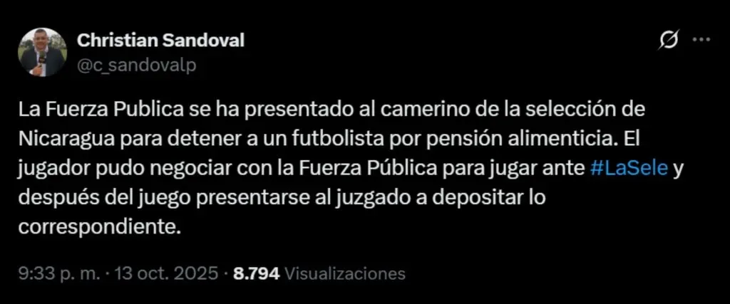 La información sobre el jugador casi detenido de Nicaragua. (Foto: X)