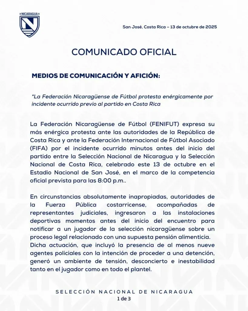 El comunicado que presentó la Federación de Nicaragua. (Foto: Fenifut)