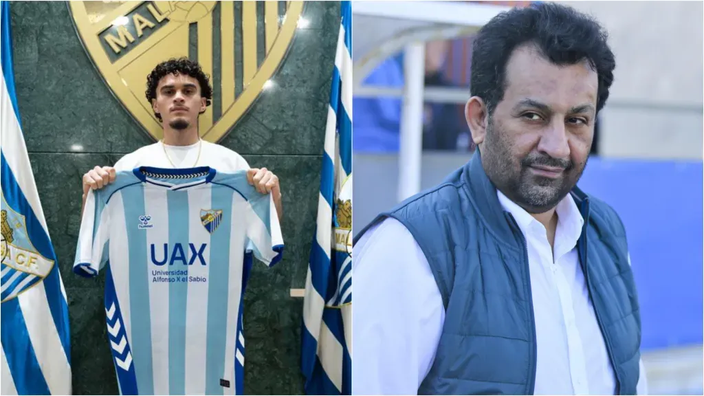 Miguel Rodríguez firmó contrato con un Málaga revolucionado por la posible detención de su ex propietario, Abdullah Al-Thani. (Fotos: Málaga y Javier Albiñana / Málaga Hoy)