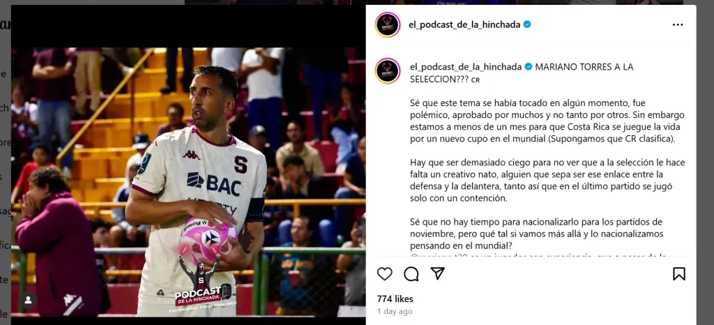 El Podcast de la Hinchada pidió a Mariano Torres para La Sele (Instagram).