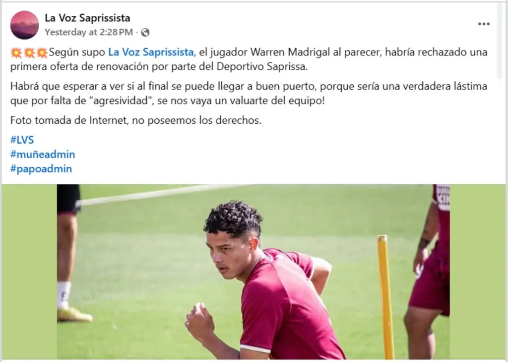 Warren Madrigal habría rechazado la oferta de Saprissa. (Foto: Facebook)