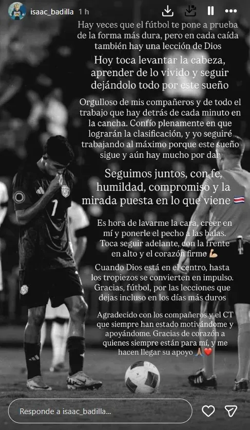 Mensaje de Isaac Badilla en sus redes sociales
