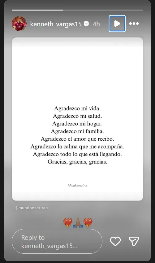 El mensaje de Kenneth Vargas (Instagram).