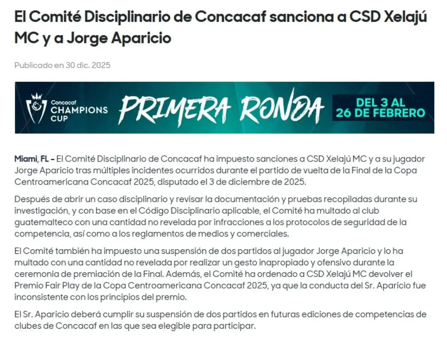 Comunicado de la Concacaf.