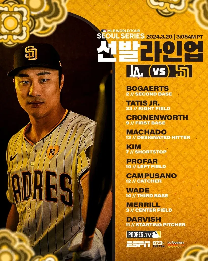 Lineup de los Padres para el juego 1 de la Seoul Series 2024 (Vía: @Padres – X)