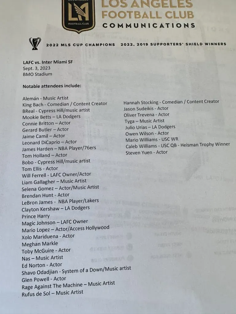 Lista de personalidades que asistieron al juego entre LAFC y el Inter Miami (MLS)