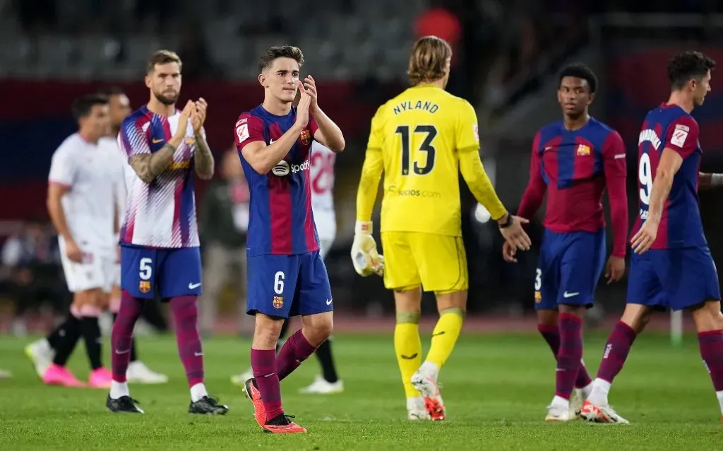 BARCELONA, SPAIN – SEPTEMBER 29: Gavi of Barcelona applauds the fans after  the LaLiga EA Sports match between FC Barcelona and Sevilla FC at Estadi Olimpic Lluis Companys on September 29, 2023 in Barcelona, Spain. (Photo by Alex Caparros/Getty Images)