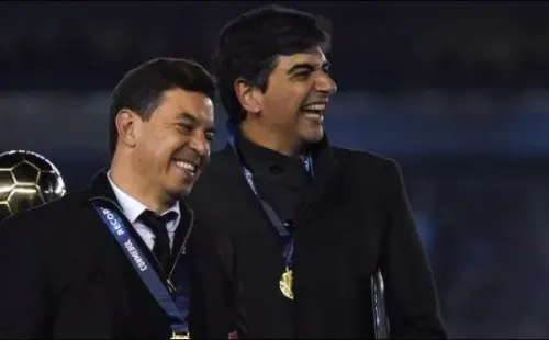 El Muñeco y su ladero Matías, sonriendo y disfrutando a pleno su estadía en River (Archivo)