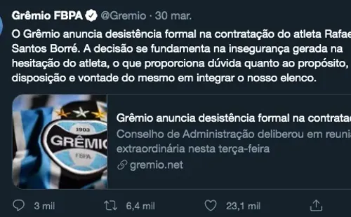 El comunicado oficial de Gremio dando por terminadas las negociaciones con Borré.