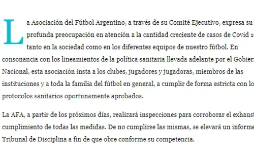 El comunicado de la AFA al respecto (Captura)