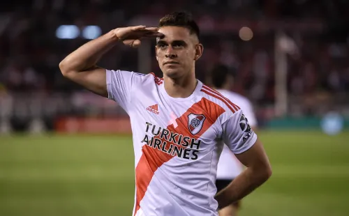El festejo de gol de Borré en el último duelo de River ante Colón, que terminó con triunfo 2 a 1. (Foto: Getty).