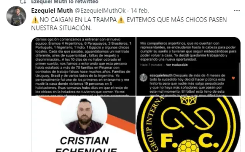 La denuncia de Ezequiel en Twitter (@EzequielMuthok)