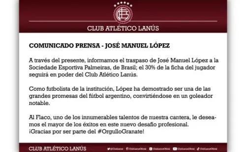 El comunicado de Lanús respecto al traspaso de López al fútbol brasileño.