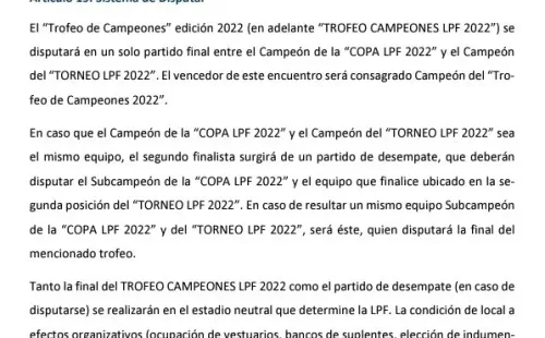 El extracto del reglamento que habla del Trofeo de Campeones 2022 y su forma de disputa.