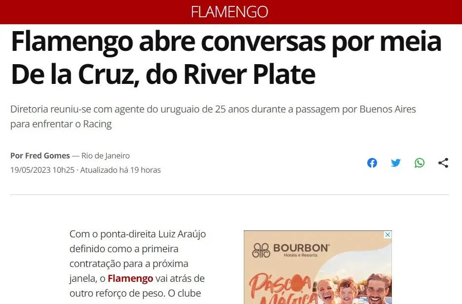 La portada de globo.com anunciando el interés de Flamengo por De La Cruz.