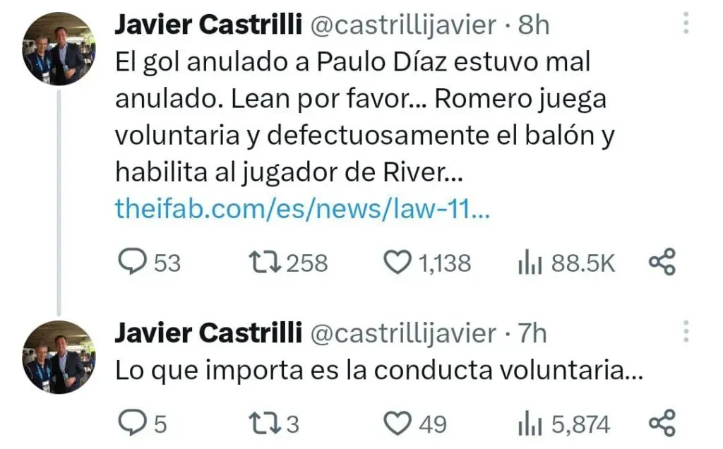 Castrilli estalló por el gol anulado a Paulo Díaz. Fuente: (Twitter Castrilli).