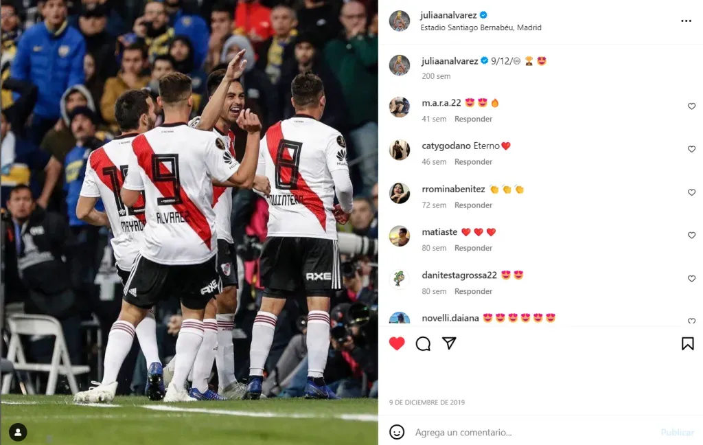 La publicación en Instagram de Julián a un año de la Libertadores 2018.