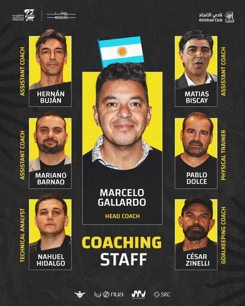 El cuerpo técnico de Marcelo Gallardo. (Foto: Al Ittihad)