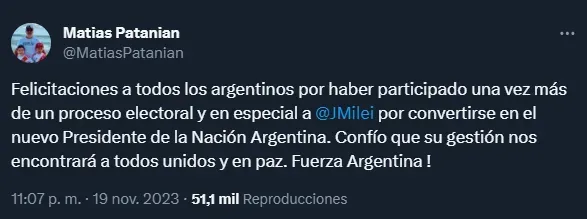 El tweet de Patanian.