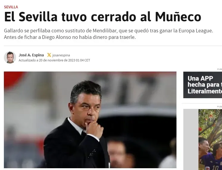 El Diario As de España y la posibilidad de Marcelo Gallardo de dirigir al Sevilla.