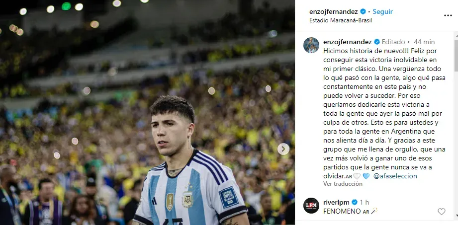 El posteo de Enzo Fernández en Instagram.