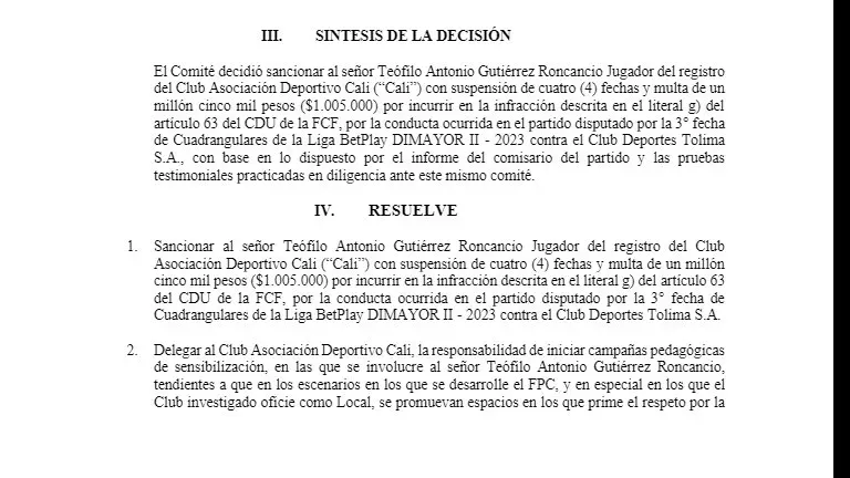 Parte del comunicado con la sanción a Teófilo Gutiérrez.