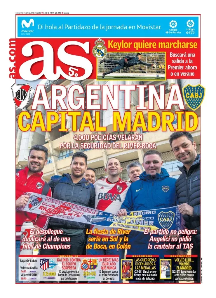 Tapa del diario As de España del 9 de diciembre de 2018, antes de la final de la Copa Libertadores entre River y Boca en Madrid.