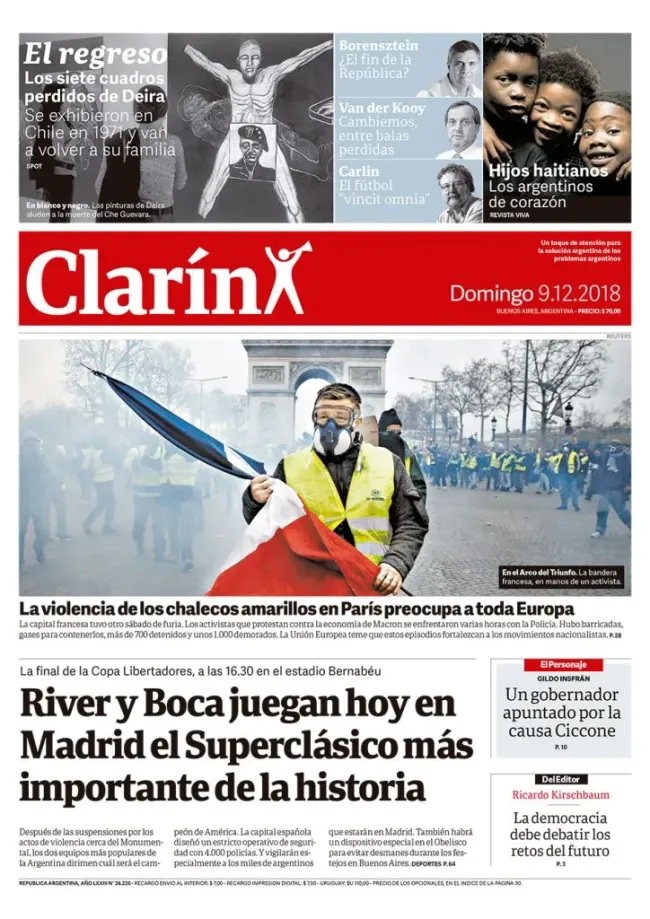 Tapa del diario Clarín del 9 de diciembre de 2018, antes de la final de la Copa Libertadores entre River y Boca en Madrid.