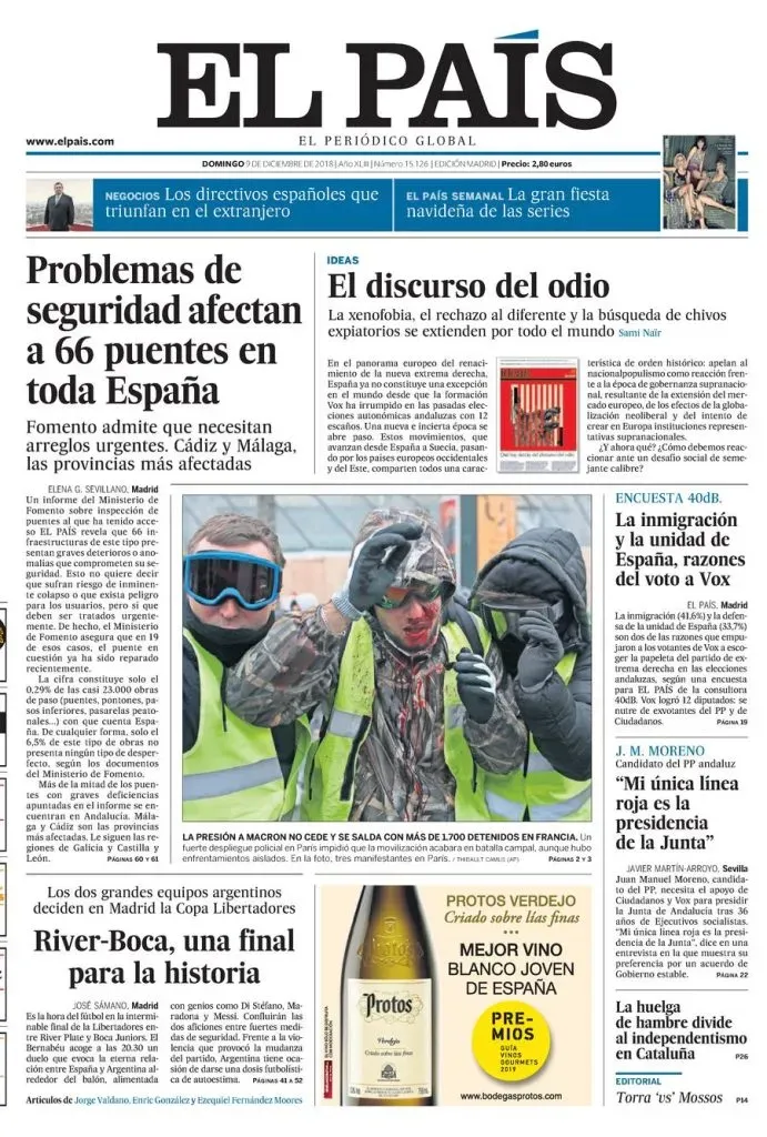Tapa del diario El País de España del 9 de diciembre de 2018, antes de la final de la Copa Libertadores entre River y Boca en Madrid.