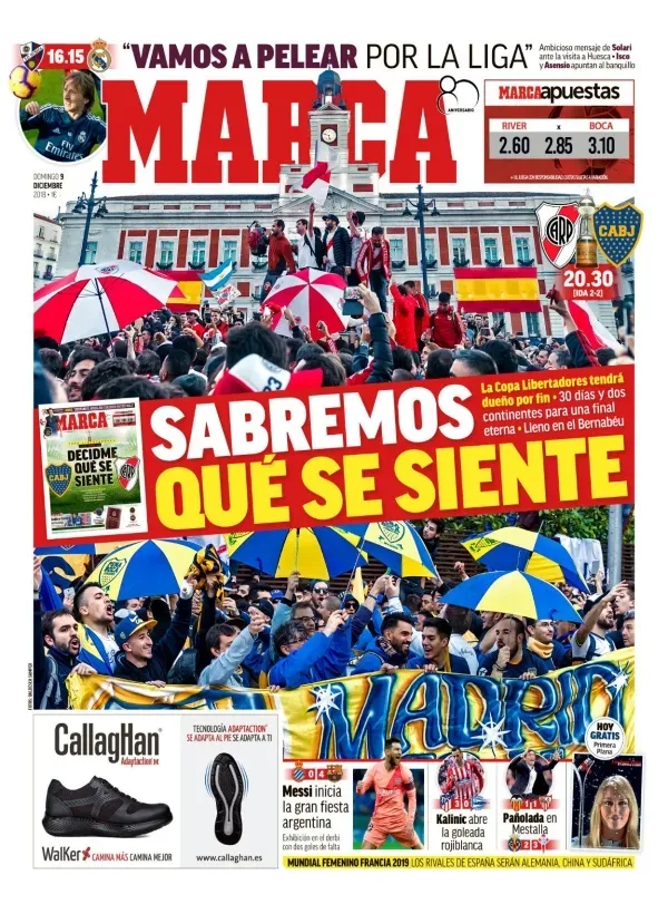Tapa del diario Marca de España del 9 de diciembre de 2018, antes de la final de la Copa Libertadores entre River y Boca en Madrid.
