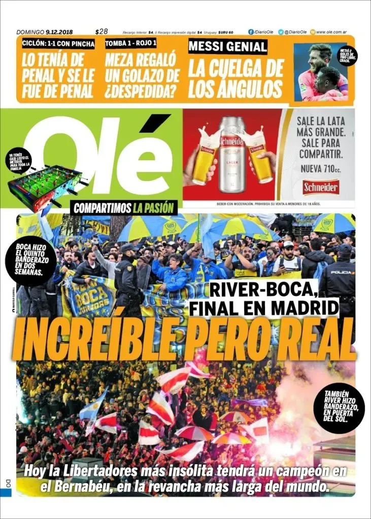 Tapa del diario Olé del 9 de diciembre de 2018, antes de la final de la Copa Libertadores entre River y Boca en Madrid.